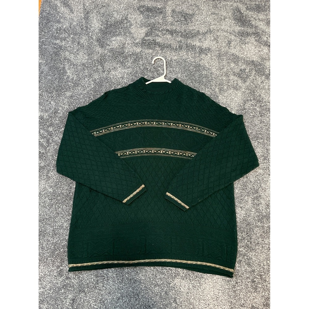 Vintage Spunky Mens Forest Green Knit Sweater Metallic Trim Made in USA Large